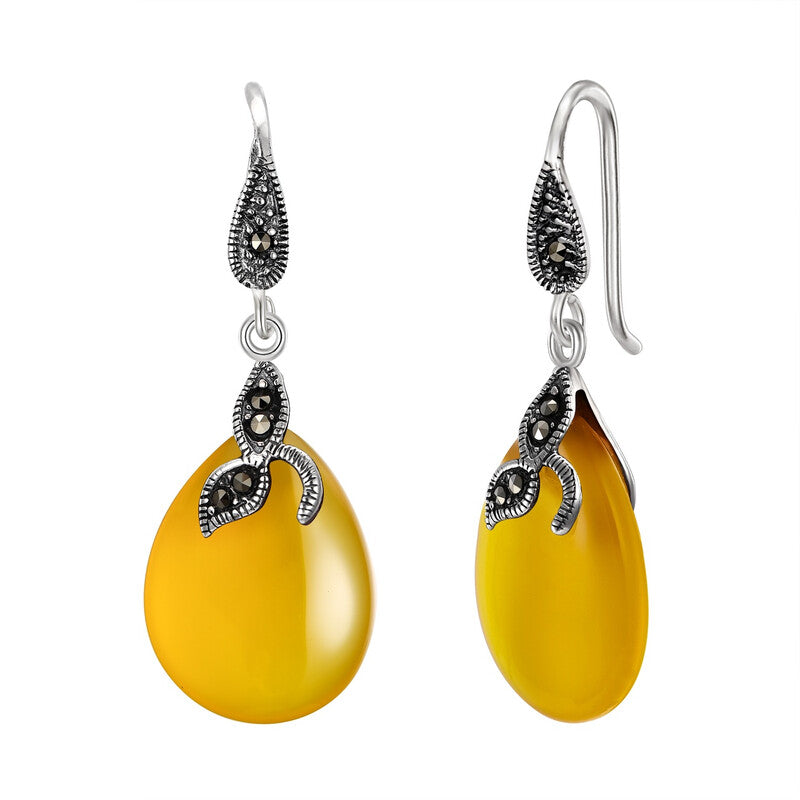 Ever Faith Art Deco Crystal Leaf Teardrop Hook Earrings with Natural Yellow Chalcedony MegaBDM