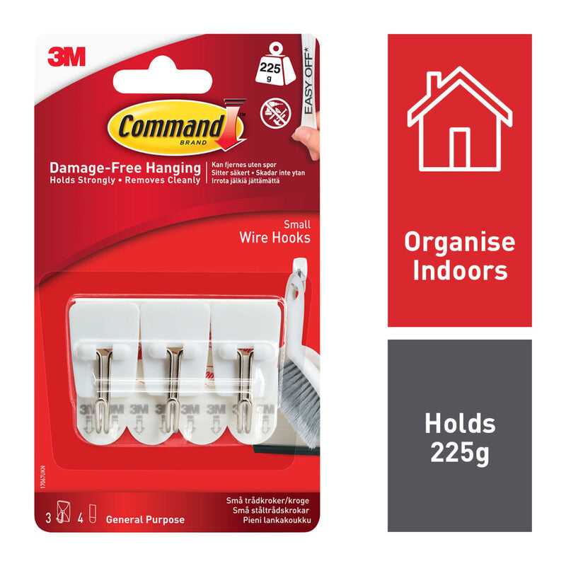 3M Command Adhesive Hooks Wire Small White Holds 225g Each (Pack of 3) MegaBDM