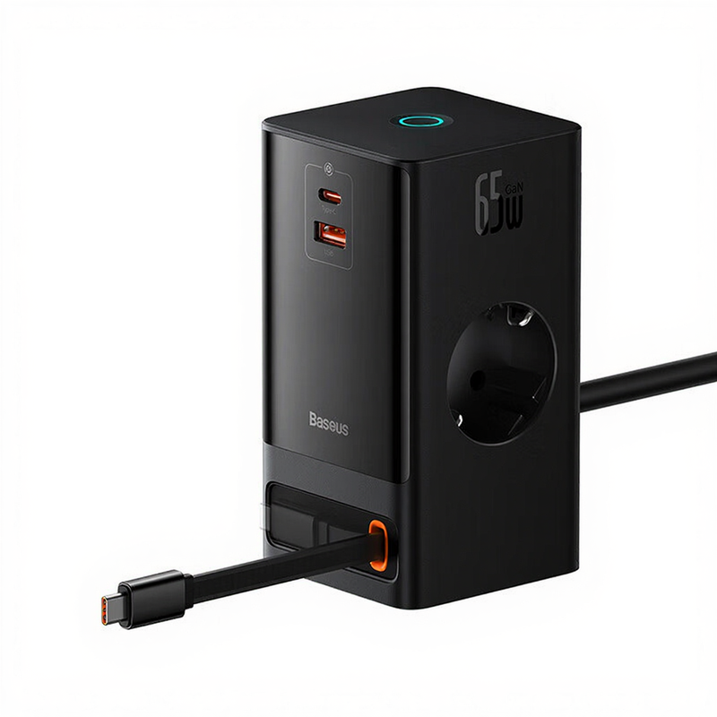 Baseus PowerCombo Digital PowerStrip 2AC+1U+1C+Retractable-C 65W with 1.5m Power Cord EU Black MegaBDM