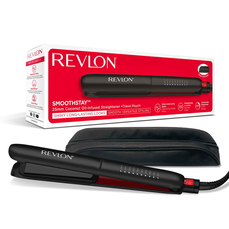 Revlon SmoothStay Straightener with Coconut Oil Infused Technology, 25mm Triple-Coated Ceramic Plates, Adjustable Temperature up to 235°C, Portable Storage Case Included for Easy Transport, Model RVST2211PUK MegaBDM