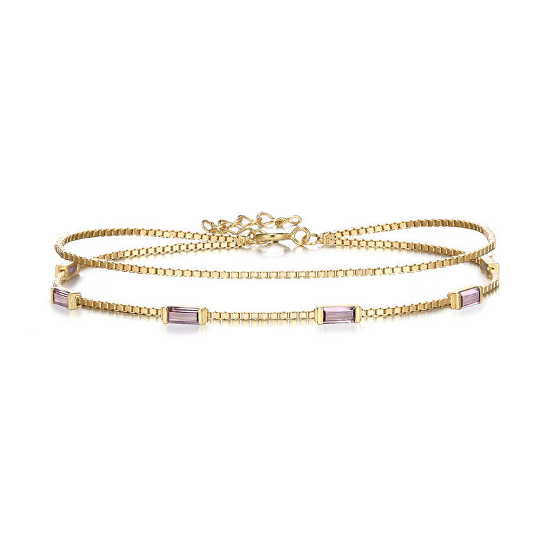 Ever Faith Dainty Emerald-Cut Purple Cubic Zirconia Charm Link Bracelet MegaBDM