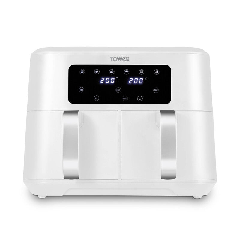 Tower T17137WHT Vortx Dual Basket Air Fryer with Two 4.25L Baskets, 2400W, White & Chrome MegaBDM