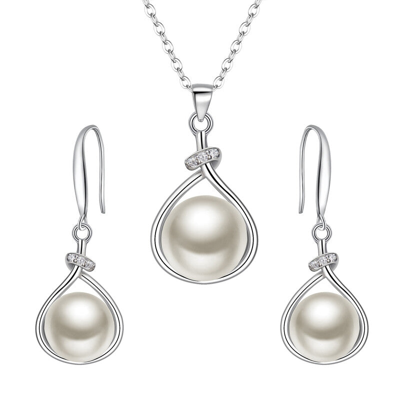 Ever Faith Cubic Zirconia and Freshwater Pearl Single Row Pendant Necklace and Dangle Hook Earrings Set MegaBDM