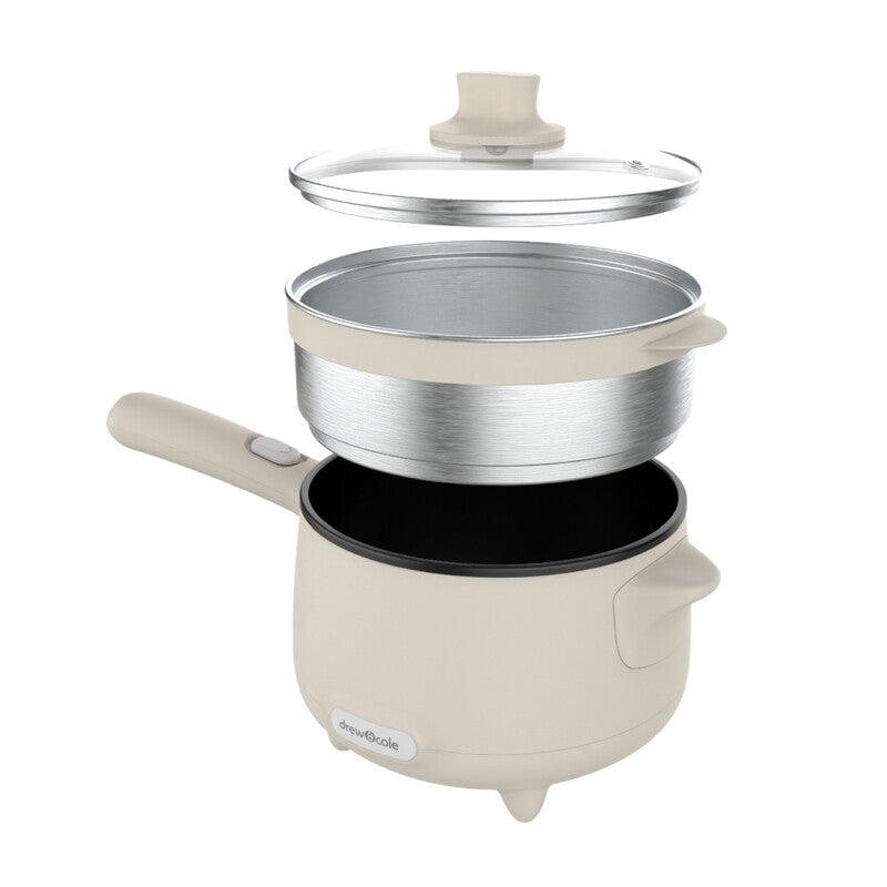 Drew & Cole Cleverpot Cooking Pot - Cream, 1.2L, 600W, Compact, Portable, Serves Up to 3 People, With Glass Lid & Steam Basket MegaBDM