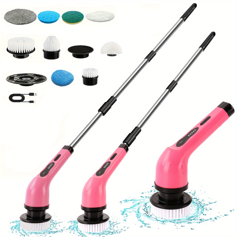 IAGREEA Electric Spin Scrubber – Rechargeable, 2-Speed, Multi-Head Attachments, Basic Design, 9 Replacement Heads, – Pink & White MegaBDM