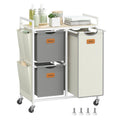 JOYFURNOS 100 L Rolling Laundry Sorter with 3 Compartments, Shelves, Removable Liners & 6 Labels – Natural Beige, Dove Grey & Cream White, 68.6x33x81cm MegaBDM