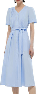 GOELIA Womens Short Sleeve Casual Midi Dresses V-Neck Pleat Front A-Line Summer Dresses with Belt for Summer Spring MegaBDM