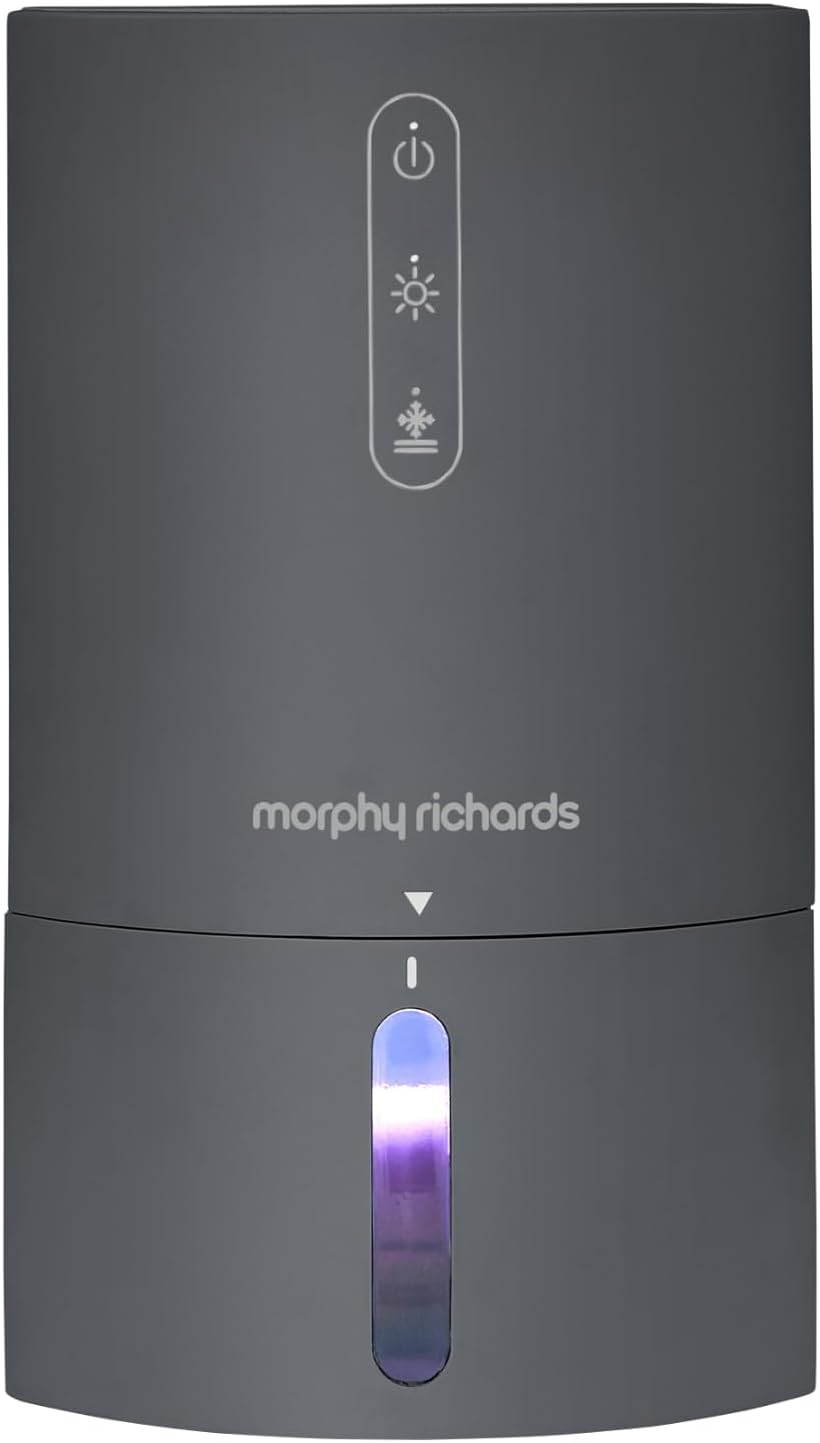 Morphy Richards PureFresh 0.9L/Day Dehumidifier, Compact, Lightweight, Quiet, Ambient Lighting, Auto Shut off, Defrost, For Bedrooms, Wardrobes, Kitchens, Caravans, and Window Sills, Grey, 822001 MegaBDM