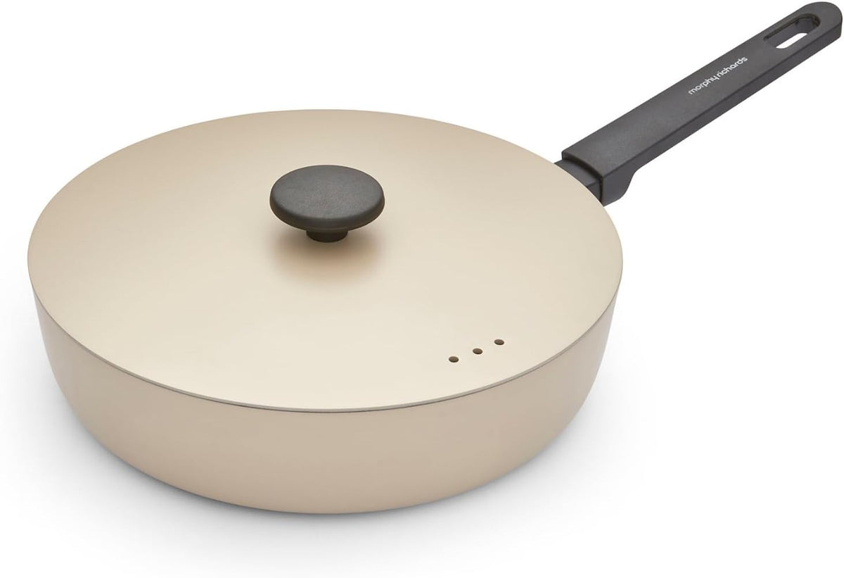 Morphy Richards Saute Pan, Forged Aluminium, 28cm, Non Stick Ceramic Coating, Soft Touch Handles, Oven Safe Up to 180c, Suitable for All Hobs, Cream, 852504 MegaBDM