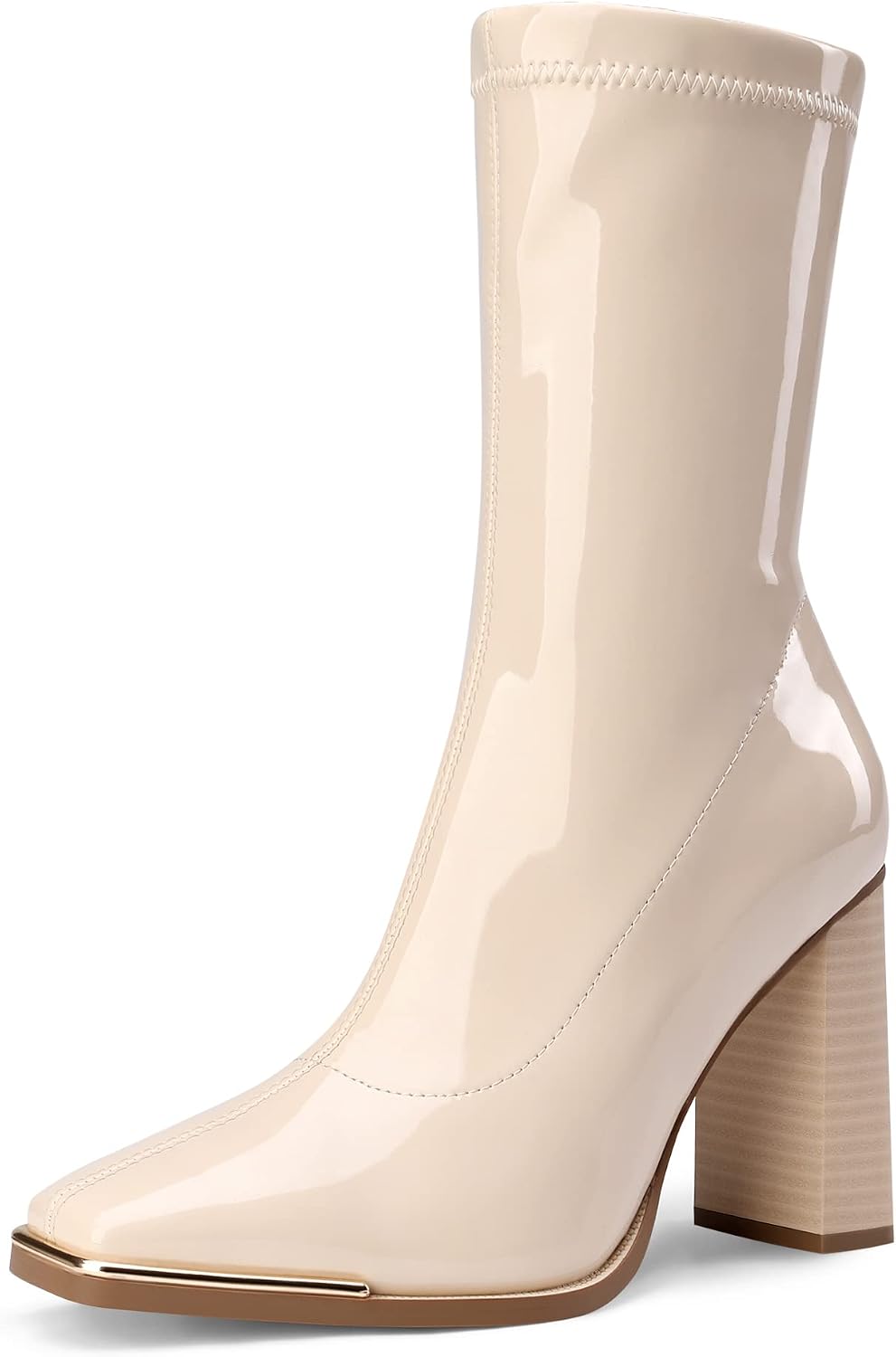 DREAM PAIRS Women's Square Toe Gogo Boots Elastic Mid Calf Boots High Chunky Block Heel Fall Boots MegaBDM