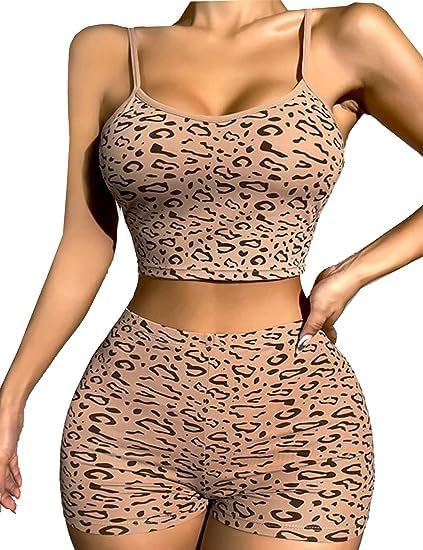 RSLOVE Sexy Pajama Set for Women Sleeveless Sleepwear Leopard Print PJ Set 2 Piece Camisole Sets Strappy Bodysuit MegaBDM