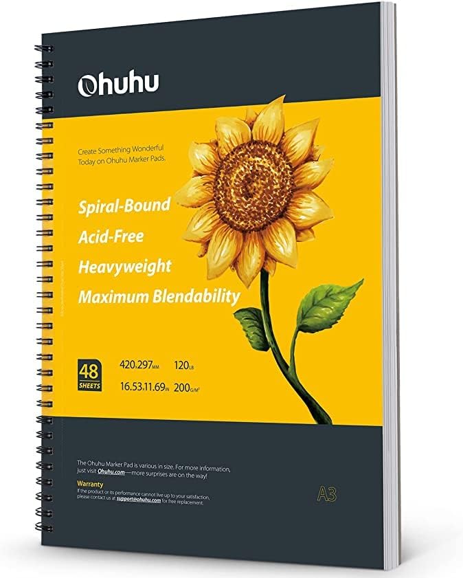 Ohuhu A3 Sketchbook for Alcohol Markers - 200GSM Heavyweight Paper | 96 Pages (48 Sheets), Large Drawing Pad, Spiral Bound with Hardback Cover - A3 Large Format MegaBDM