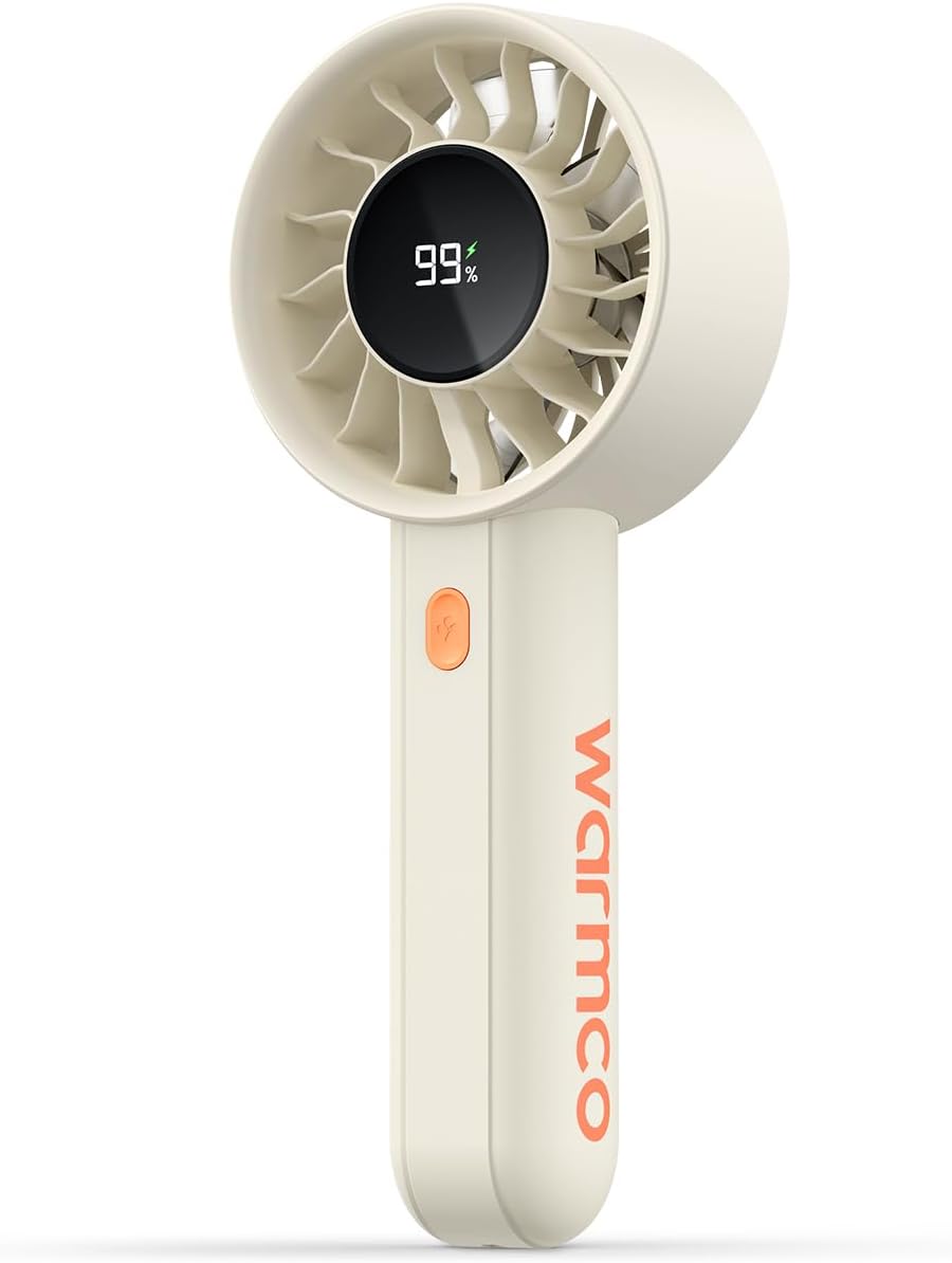 Warmco Portable Handheld Turbo Fan 5000mAh, 4-Speed Personal Mini Fan with Base & Lanyard, Smart LED Display, USB Rechargeable Pocket Size for Travel, Makeup, Office Desk, White MegaBDM