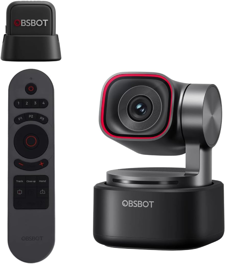 OBSBOT Tiny 3 AI-Powered Spatial Audio 4K Webcam Bundle with Vox SE & Remote, AI Tracking PTZ Camera with 1/1.28" Sensor, Tri-Mic, Voice & Gesture Control, 120FPS, HDR, Web Cam for PC, Laptop, Stream MegaBDM
