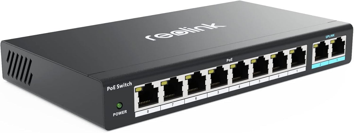 Reolink PoE Switch with 8 PoE Ports, 2 Gigabit Uplink Ports, Up to 120W Total for All PoE ports, Ideal NVR PoE IP Cameras, IEEE802.3af/at, Desktop/Wall Mount, RLA-PS1 MegaBDM