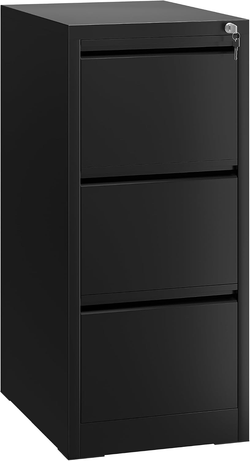 YITAHOME Filing Cabinet with 3 Lockable Drawers, Anti-tipping Rolling Filing Cabinet with Wheel for Home Office, Under Desk File Storage Cabinets for Letter/Legal/A4 Size, Black, 62 x 45 x 102cm MegaBDM