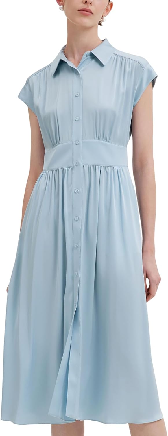 GOELIA Women's 22MM Mulberry Silk Midi Stain Shirt Dress Stretch Lapel Collar Button Cap Sleeves Elegant Summer Dresses Work MegaBDM