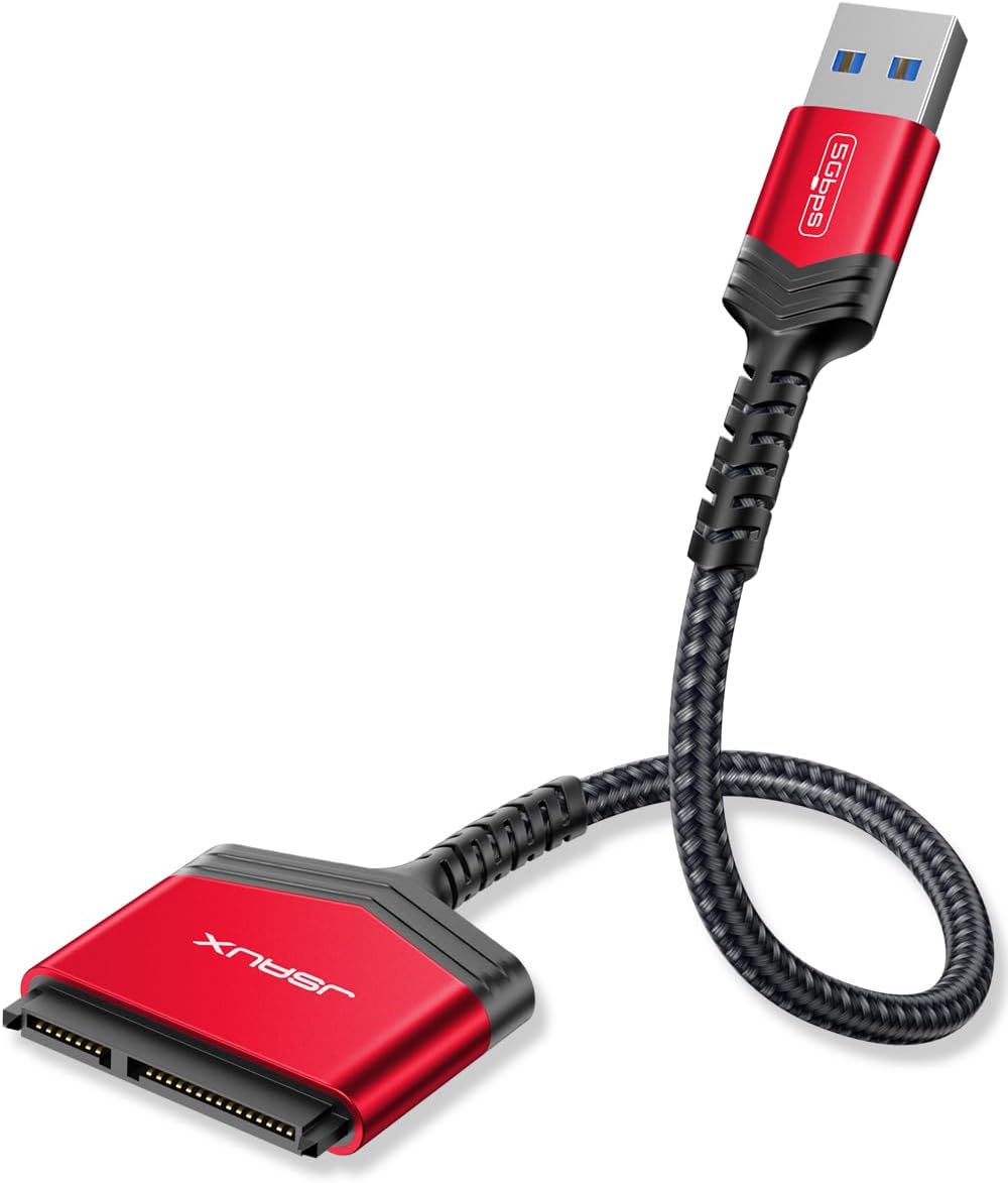 JSAUX USB 3.0 to SATA Adapter, USB A 3.0 to 2.5” SATA III Hard Drive Adapter Aluminum Shell Nylon Cord USB 3.0 External Converter for SSD/HDD Data Transfer- Red MegaBDM