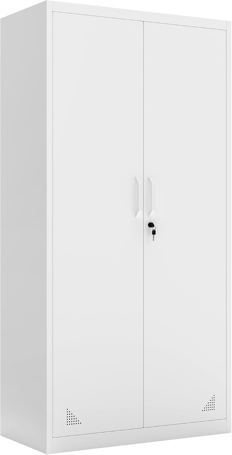 DWVO Metal Storage Cabinets, Tall Filing Cabinets with Keys & 4 Adjustable Shelves, lockable Office Cabinet For Home Office Garage, White, 180 cm x 90 cm x 45 cm MegaBDM