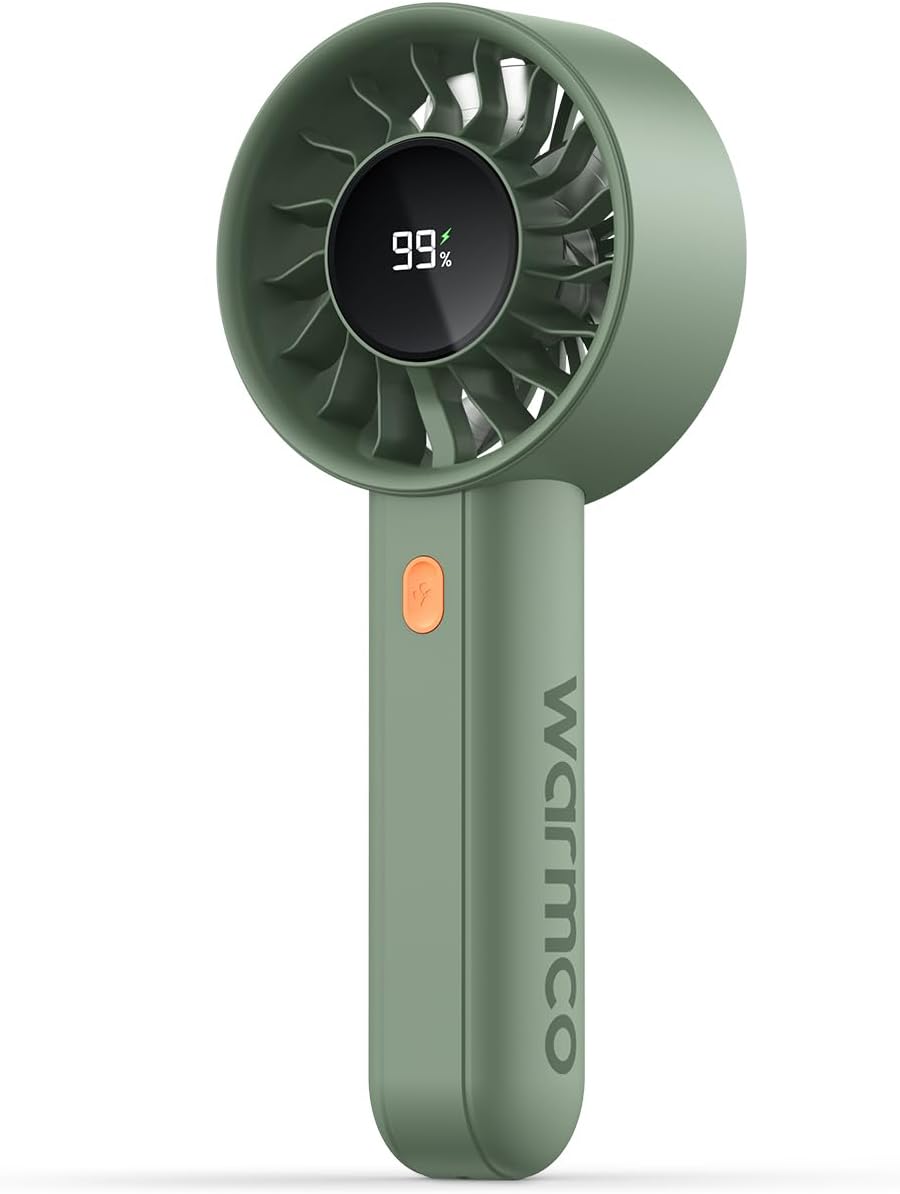 Warmco Portable Handheld Turbo Fan 5000mAh, 4-Speed Personal Mini Fan with Base & Lanyard, Smart LED Display, USB Rechargeable Pocket Size for Travel, Makeup, Office Desk,Green MegaBDM