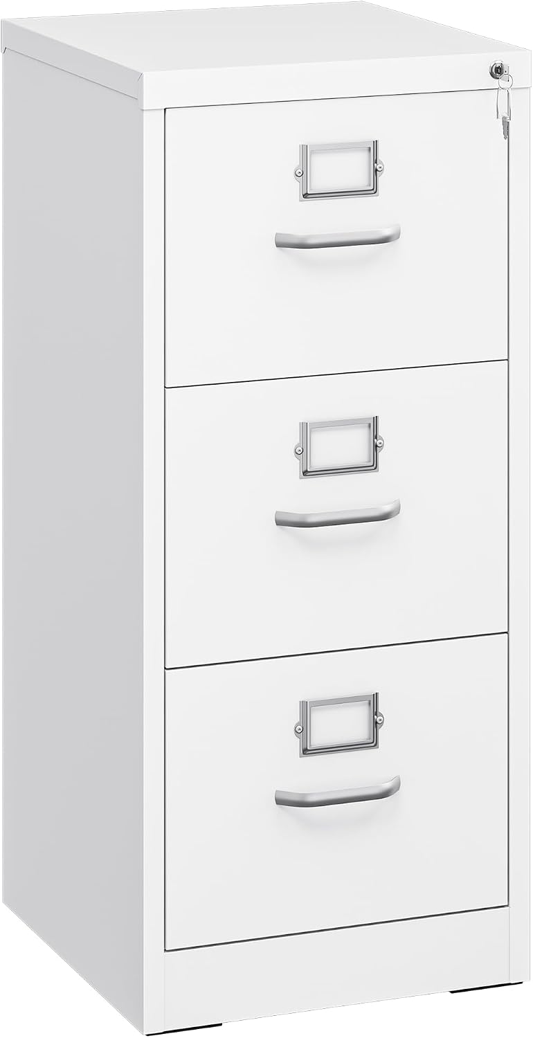 YITAHOME 3 Drawers Filing Cabinets, Lockable Vertical File Cabinet for Letter/Legal/A4 Size, Anti-tipping File Drawer Storage Cabinets with Cue Card Slot for Home Office, White, 45.8 x 45 x 103cm MegaBDM
