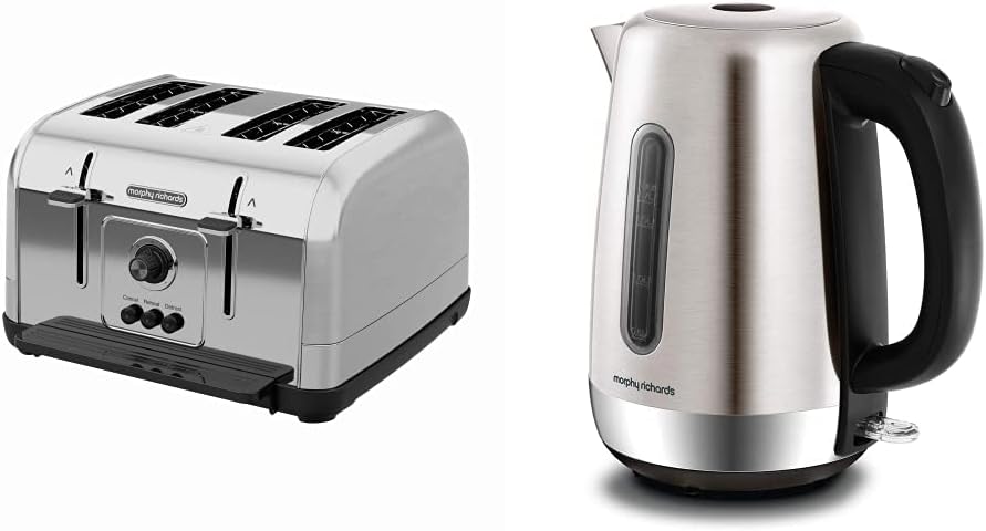 Morphy Richards Venture 4 Slice Brushed Toaster Stainless Steel & Equip 1.7 Litre Jug Kettle 3000 W MegaBDM