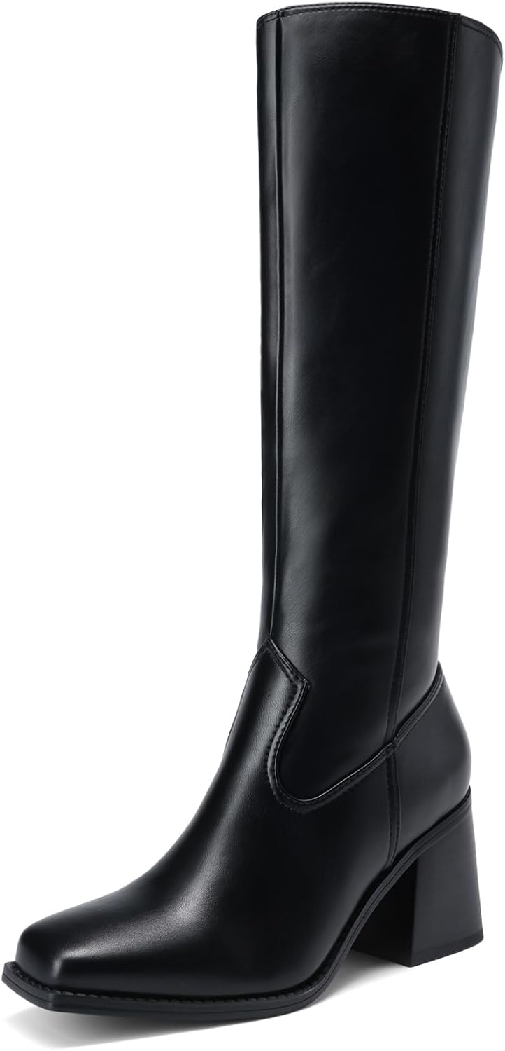 DREAM PAIRS Women's Knee High Boots Square Toe Chunky Low Heel Gogo Boots MegaBDM