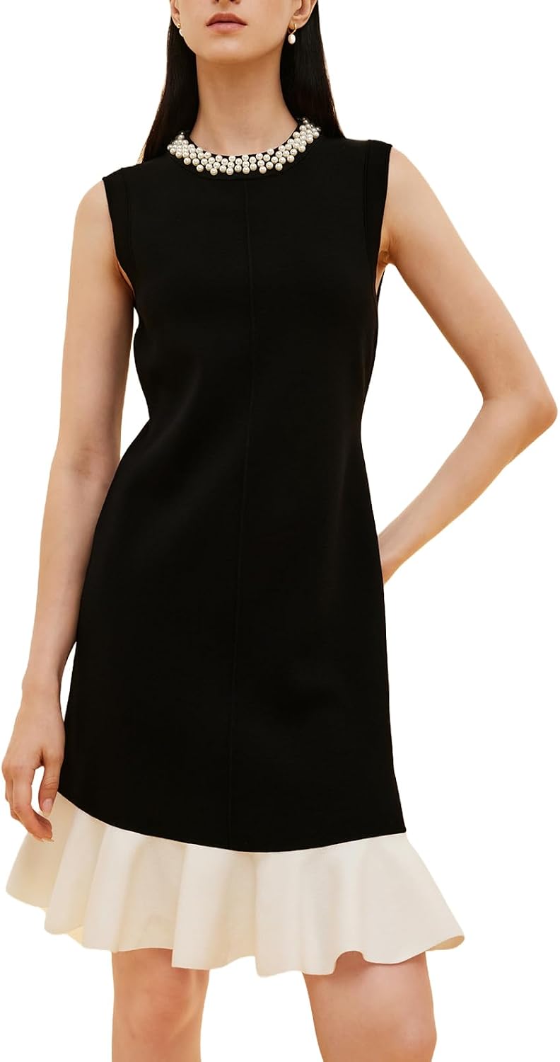 GOELIA Summer Dresses for Women Pearl-Embellished Neck Sleeveless Knit Mini Dresses for Women Wedding Guest Beach Vacation MegaBDM