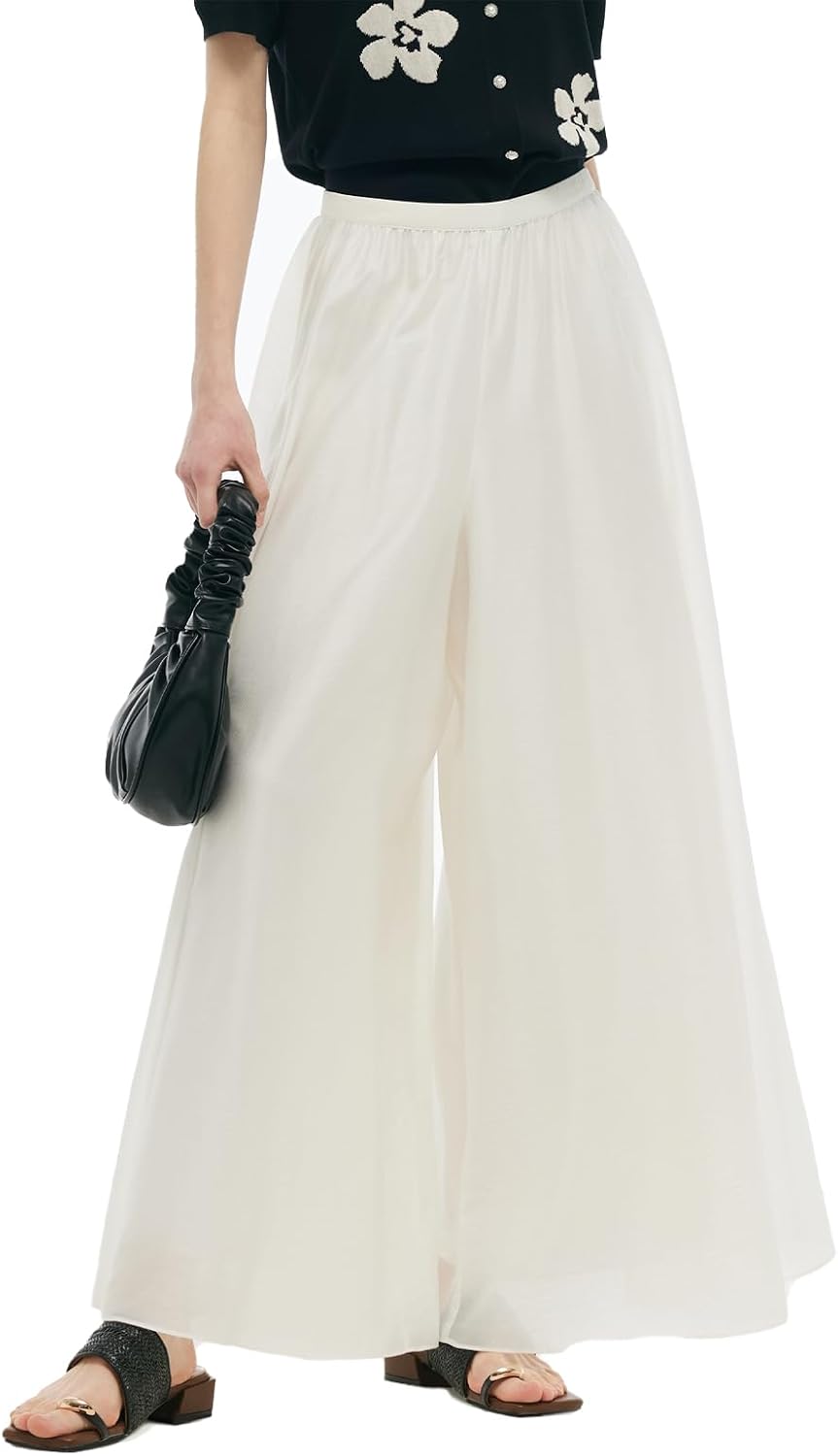 Women's Elastic Waist A-Line Pleated Pants Tencel Blend Summer Beach Vacation Culottes Cropped Wide Leg Trousers MegaBDM