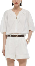 GOELIA Womens Summer Tops White 3/4 Volume Sleeve Pleated V-Neck Blouse Cotton Button Shirts Fashion 2025 Blouses Work Beach MegaBDM