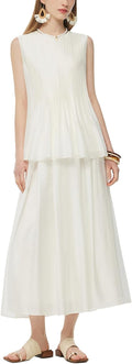 GOELIA Two Piece Skirt Set Women Summer Sets Outfits Tencel Blend Pleated Flowy Skirt and Tank Top Set for Women MegaBDM