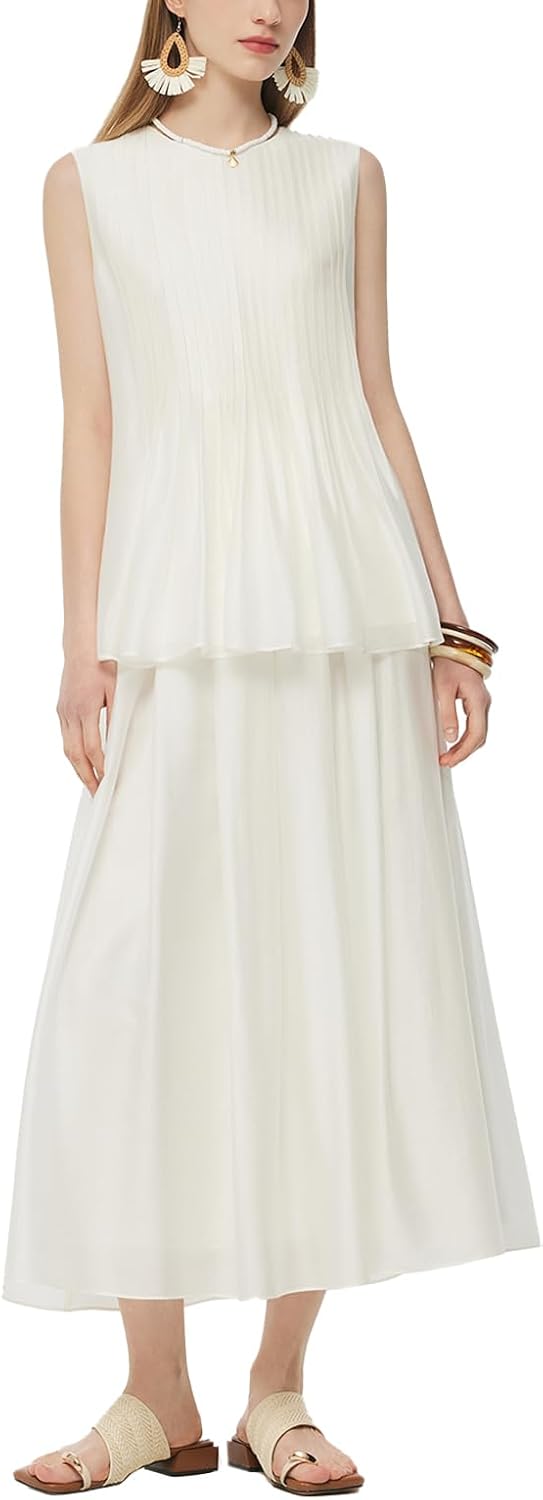 GOELIA Two Piece Skirt Set Women Summer Sets Outfits Tencel Blend Pleated Flowy Skirt and Tank Top Set for Women MegaBDM