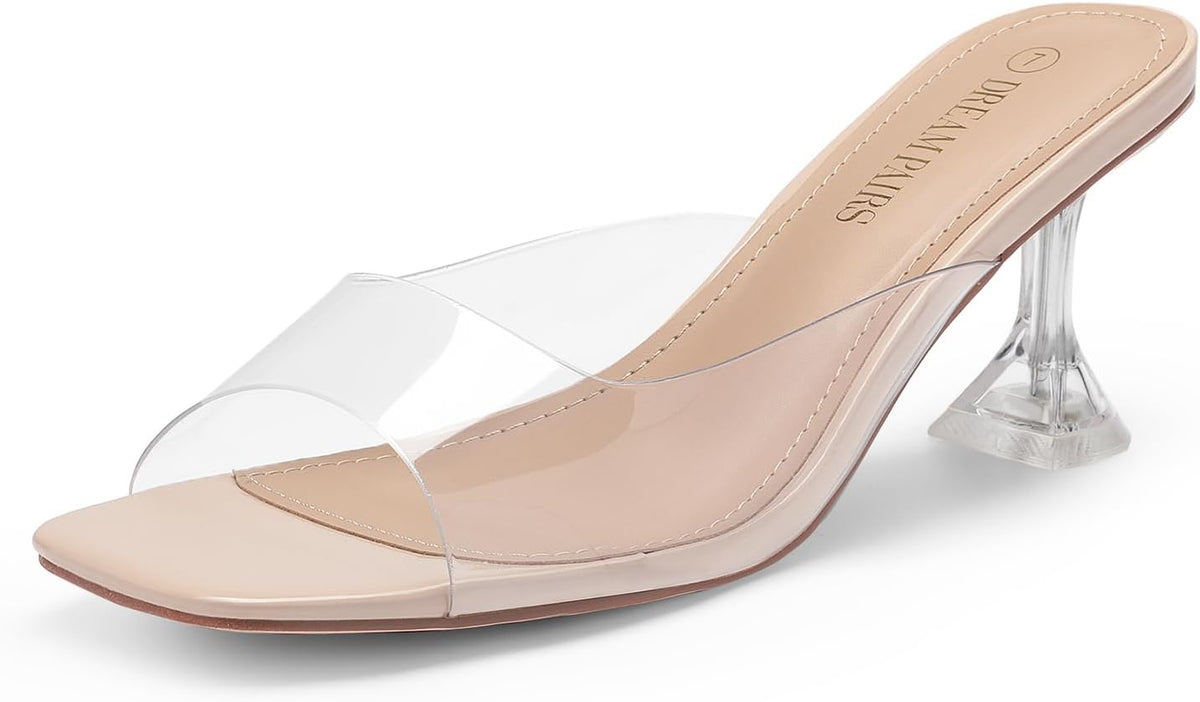 DREAM PAIRS Women’s Clear Heels Square Toe High Stiletto Mules Slip on Wedding Dress Heel Sandals MegaBDM
