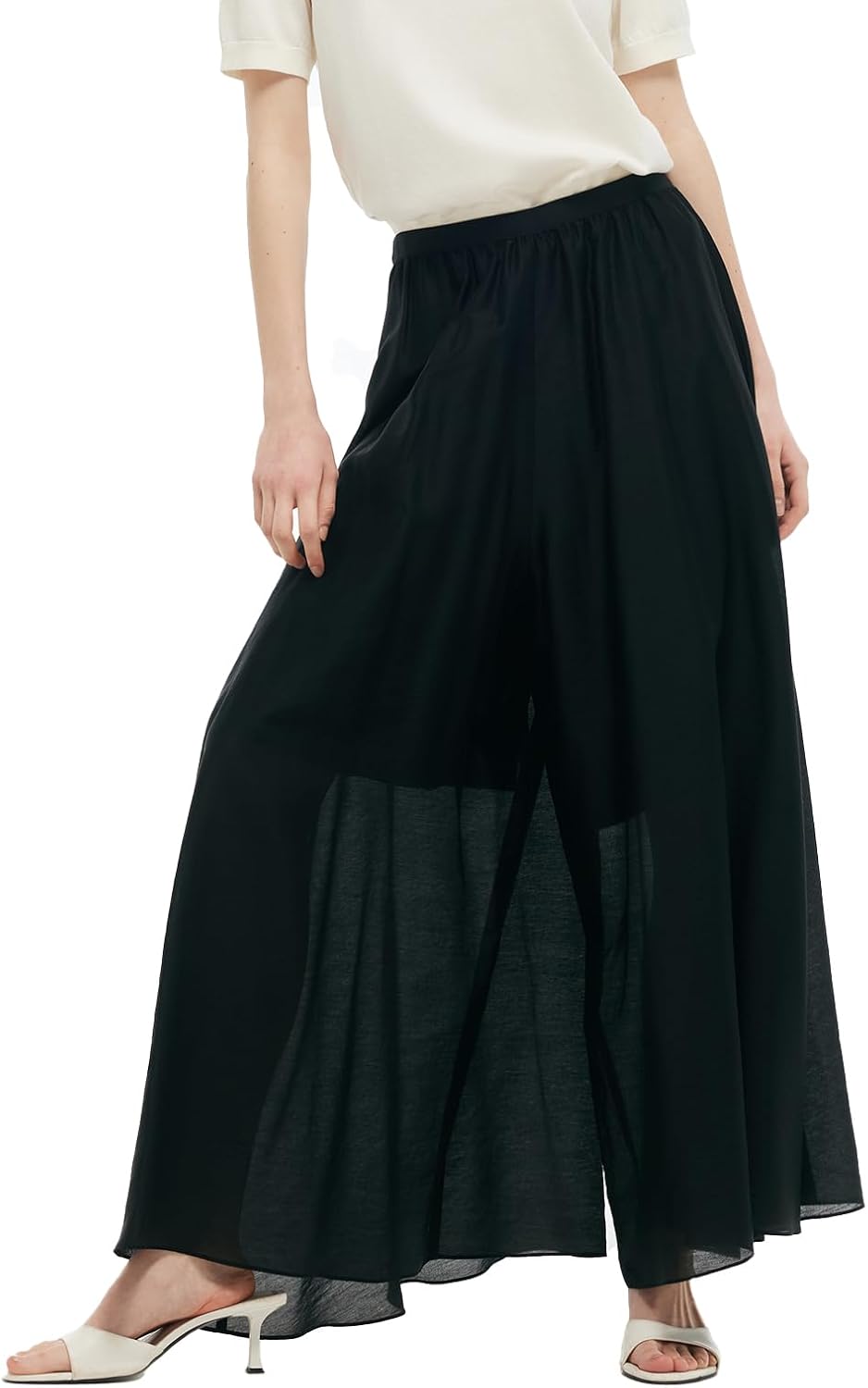 Women's Elastic Waist A-Line Pleated Pants Tencel Blend Summer Beach Vacation Culottes Cropped Wide Leg Trousers MegaBDM