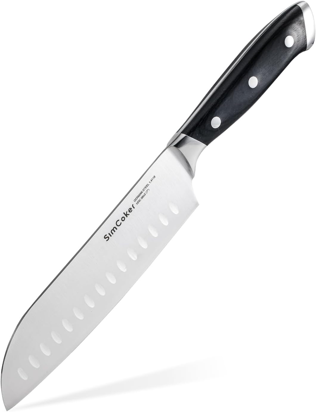 Santoku Knife 7 Inch, German 1.4116 High Carbon Stainless Steel Kitchen Knife, Japanese Style Chopping Knife with Hollow Edge, Ergonomic Pakkawood Handle MegaBDM