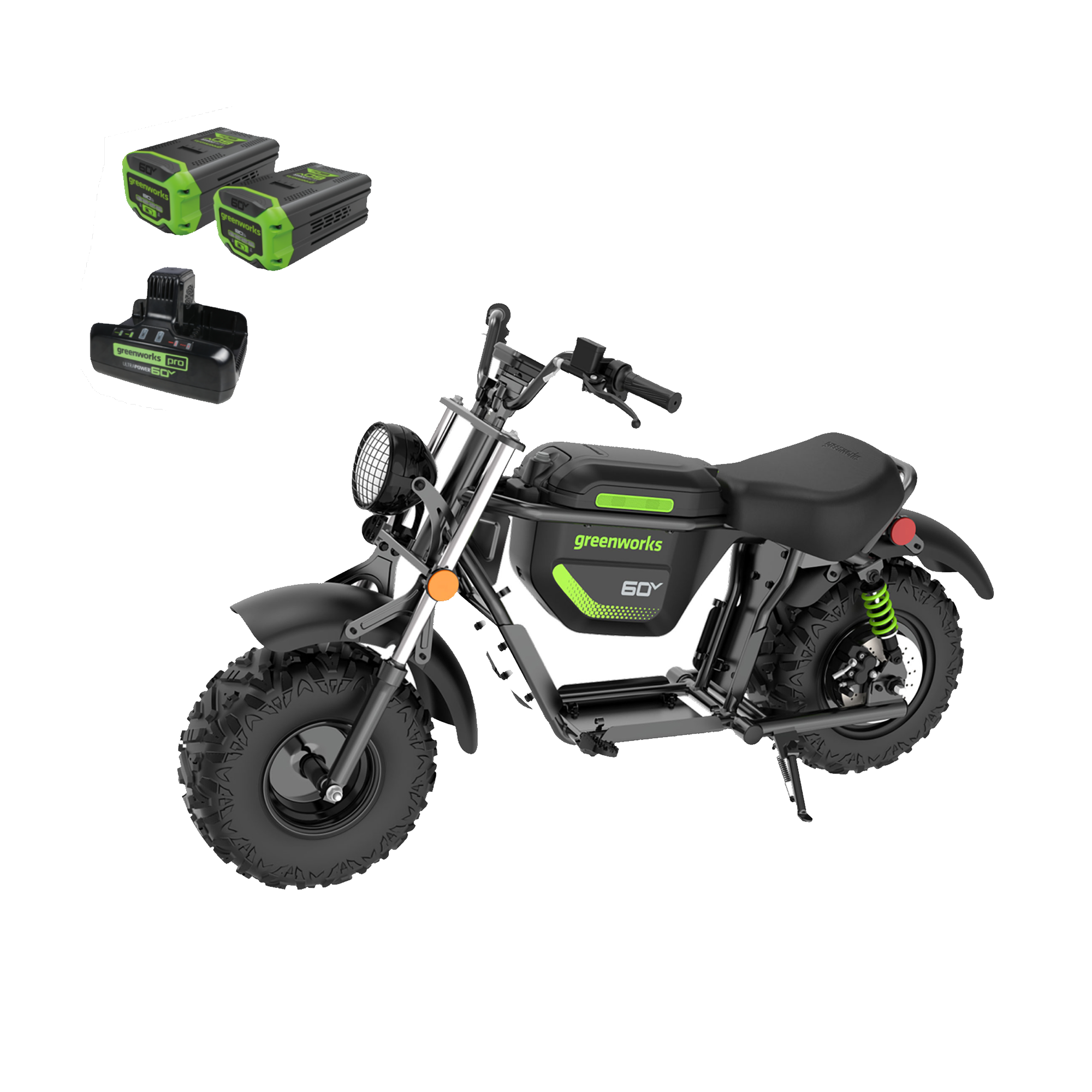 60V STEALTH Series Electric Mini-Bike: (2) 8.0 Ah Batteries and Dual-Port Rapid Charger MegaBDM