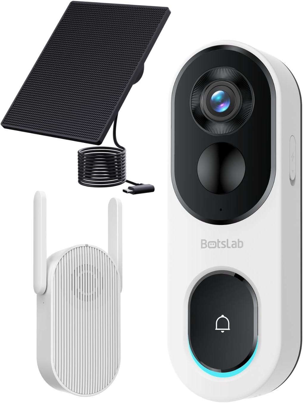 BOTSLAB 2K Doorbell Camera Wireless with Solar Panel, Video Doorbell with Head-to-Toe View, IP66 Waterproof, AI Detection, No Monthly Fee, 2.4Ghz WiFi, 2-Way Audio, 5200mAh Battery, MegaBDM