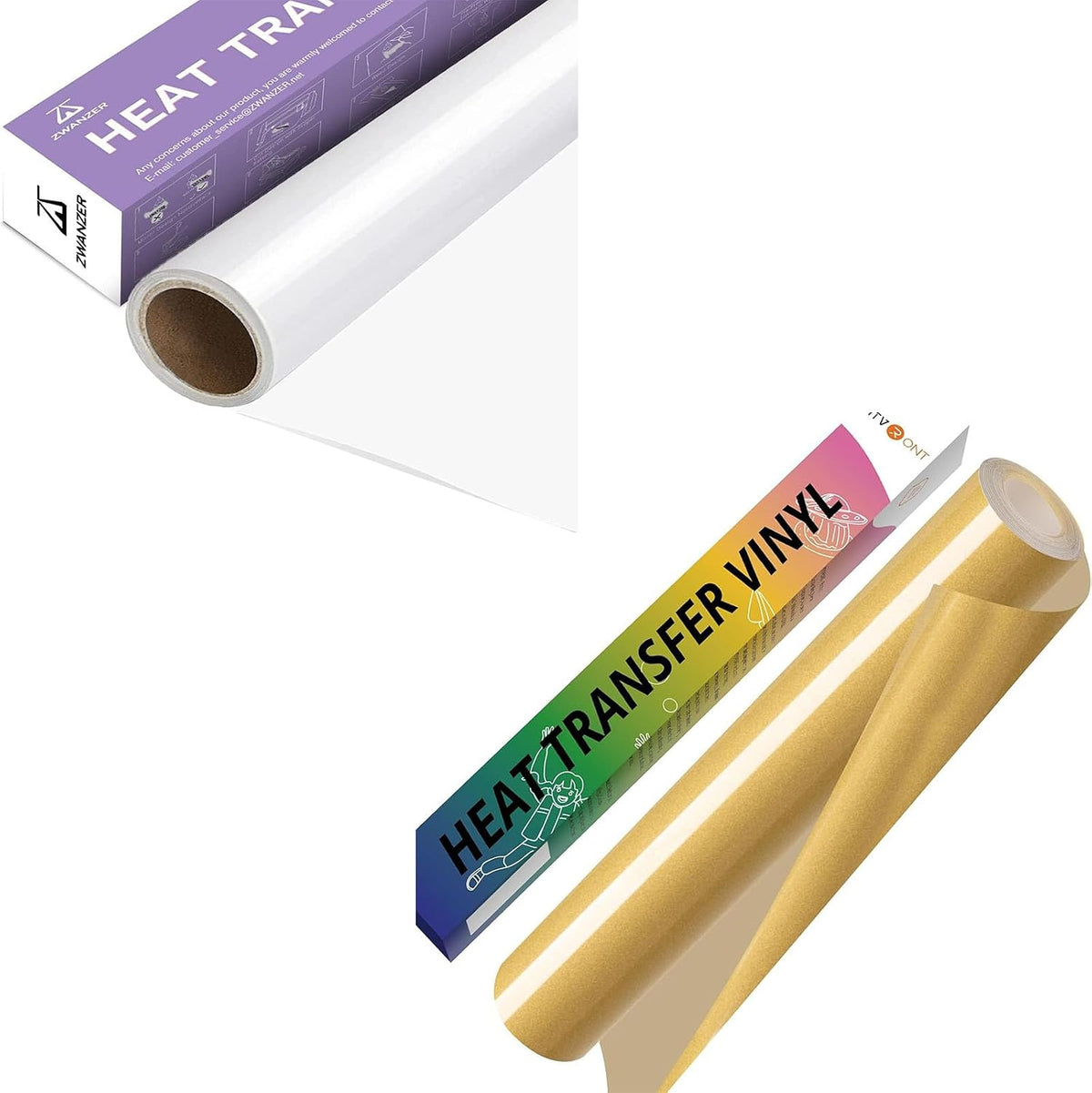 White Heat Transfer Vinyl Roll - 12" x 12ft (30.5 x 366CM) HTV Vinyl + HTVRONT Gold Iron on Vinyl - 12" x 5ft Gold HTV Vinyl for T-Shirts, Gold Heat Transfer Vinyl for All Cutter Machine MegaBDM