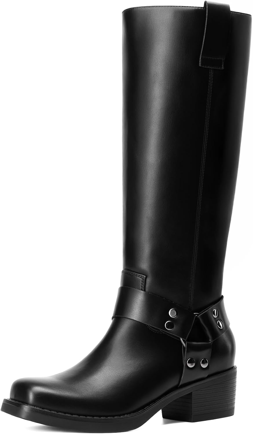 DREAM PAIRS Women's Square Toe Knee High Boots Motorcycle Riding Pull-on Fashion Long Boots for Women MegaBDM