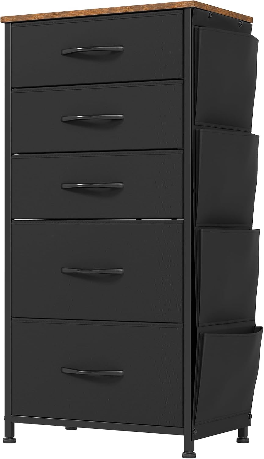 YITAHOME Narrow Chest of Drawers with 5 Drawers, Fabric Drawers with Side Pocket&Hooks,Easy Pull Handle,Sturdy Steel Frame,Storage Drawers for Bedroom, Closet, Clothes,Black MegaBDM