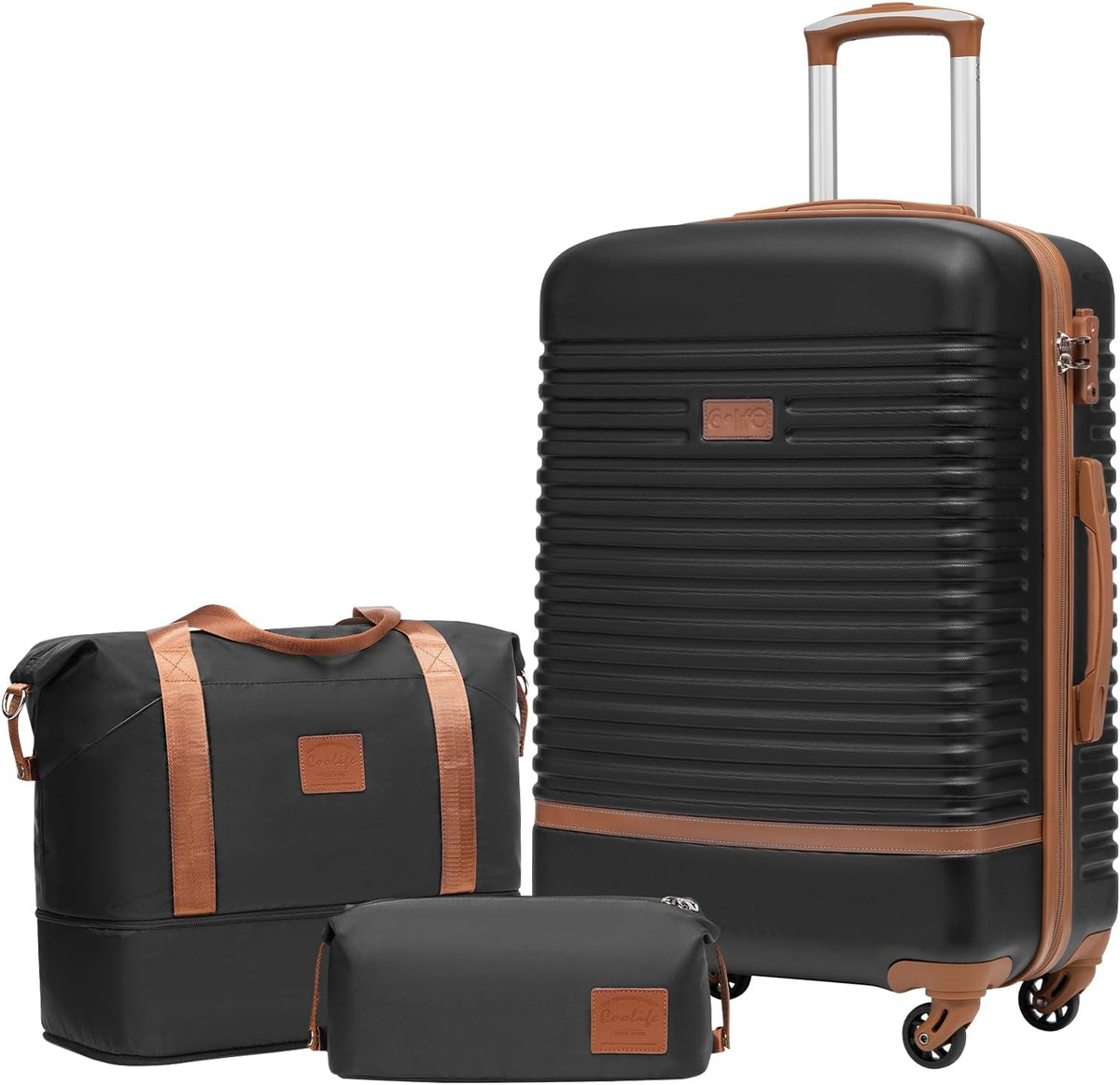 COOLIFE Suitcase Set 3PC - 24" Lightweight ABS Hard Shell Luggage + Travel Bag， Medium Suitcase with 360° Wheels, TSA Locks for Family Travel, Cruise & Long Trips Black/Brown MegaBDM