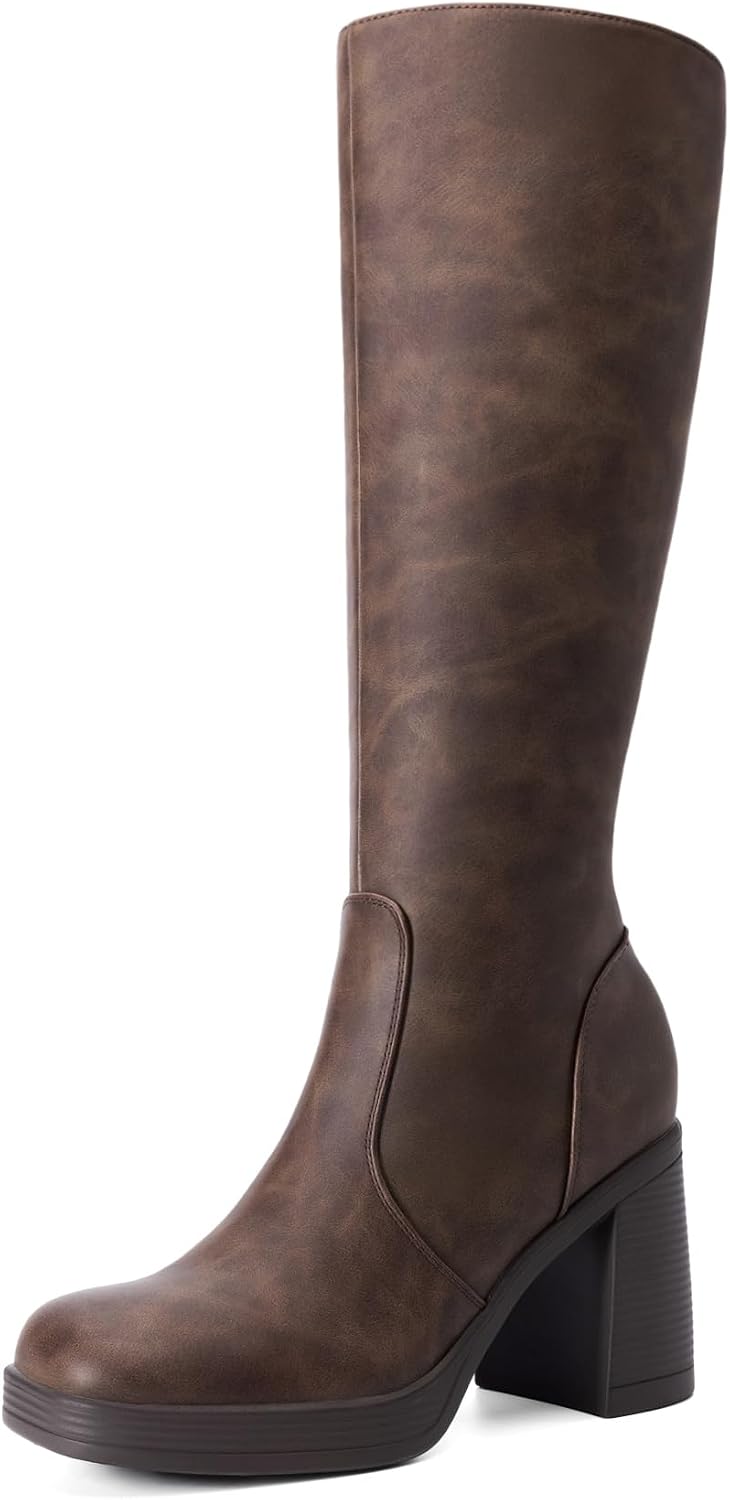 DREAM PAIRS Knee High Boots for Women Platform Square Toe Chunky Block Heeled Gogo Boots with Side Zipper MegaBDM