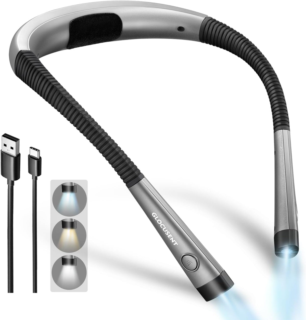 Glocusent Reading Light, LED Neck Reading Light, 3 Colors | Neck light for bed, camping, knitting; 6 brightness, 90° beam; 80H runtime, USB-C rechargeable MegaBDM