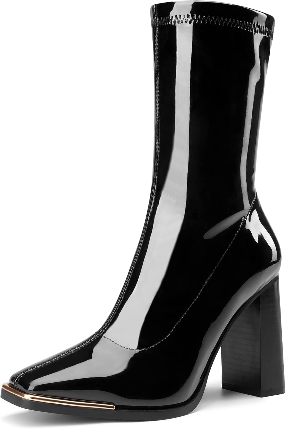 DREAM PAIRS Women's Square Toe Gogo Boots Elastic Mid Calf Boots High Chunky Block Heel Fall Boots MegaBDM