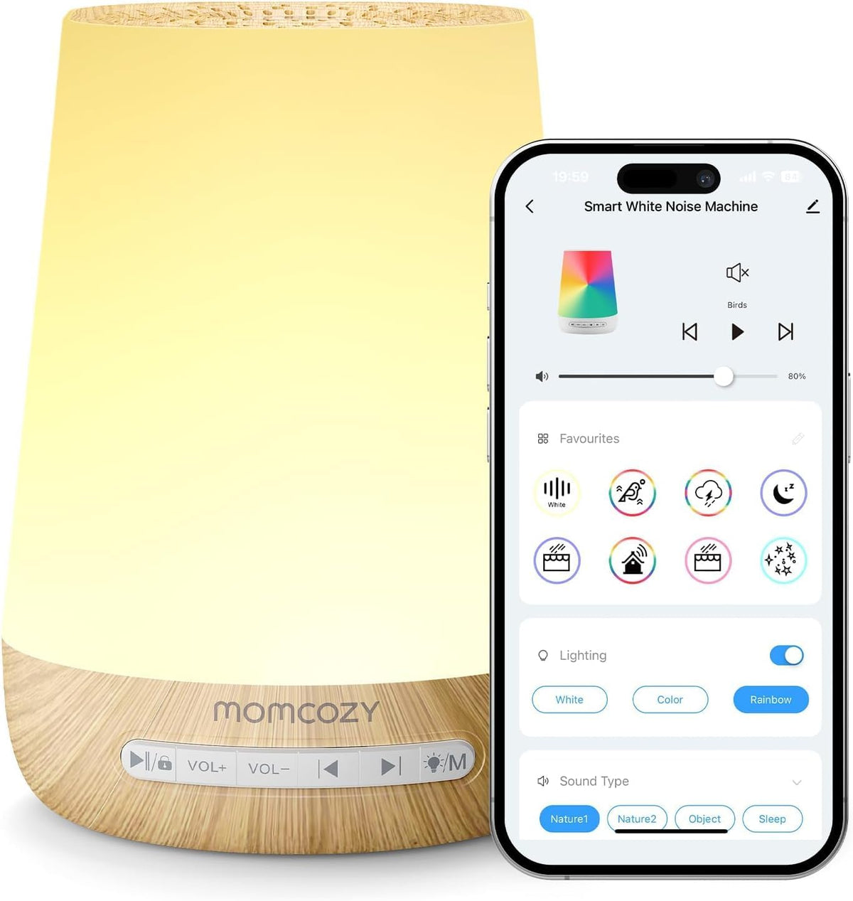 Baby Sound Machine, Momcozy White Noise Machine for Baby Sleeping with Night Light, Toddler Sleep Trainer with 34 Soothing Sounds, Timer, App Remote Control, Personal Sleep Routine(Wood Grain) MegaBDM