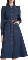 GOELIA Women's Denim Dress Button Down Long Sleeve Single-Breasted Lapel Collar Casual Midi Dress with Belt MegaBDM