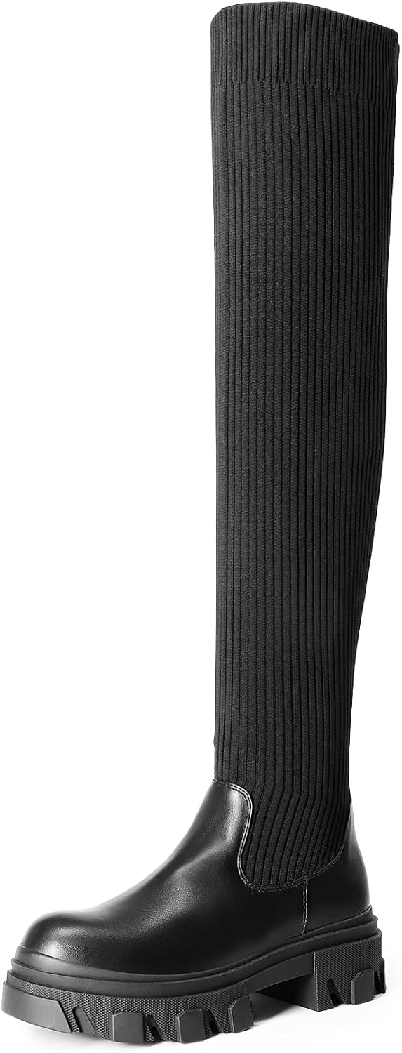 DREAM PAIRS Women's Over The Knee Patform Thigh High Boots Long Stretch Soft Chunky Lug Sole Fall Boots, Black-knit, 5.5 MegaBDM