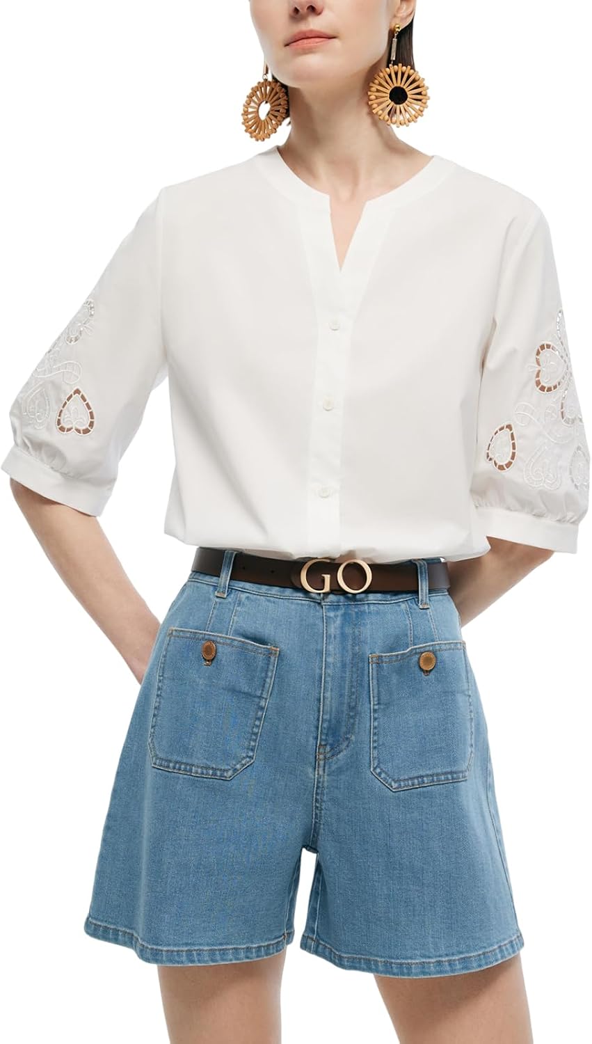 GOELIA Women's Embroidered V-Neck Button Down Shirt 3/4 Volume Sleeves Summer White Blouse Casual Tops Shirts MegaBDM