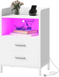 DWVO White Nightstand with Charging Station, Bedside Table with 2 Drawers, Built-In LED Lights, 2 Outlets & 2 USB Ports, Compact Side Table for Bedroom or Living Room, 43 x 40 x 71cm, White MegaBDM
