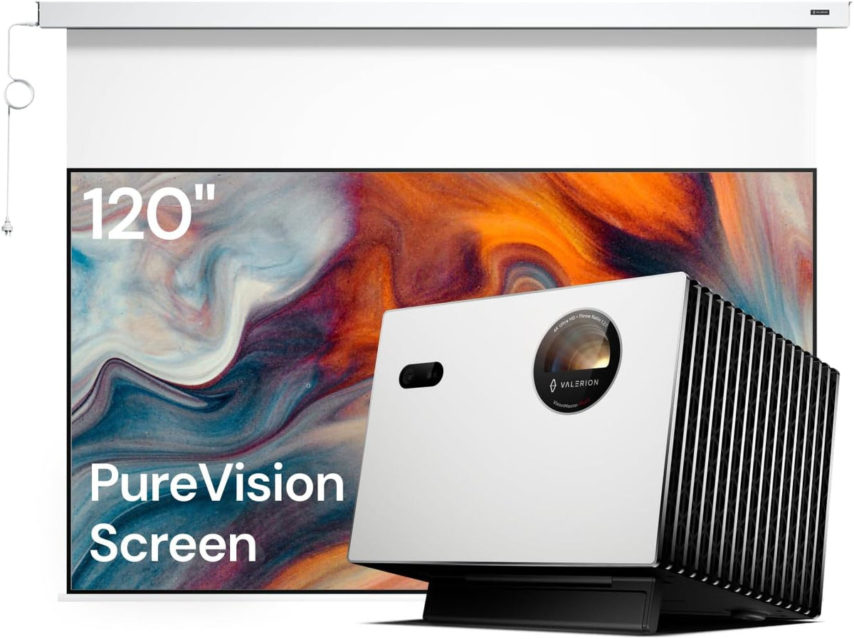 Anti-Speckle Home Theater Bundle: Valerion Plus2 4K Triple Laser Projector with 120" Motorized PureVision Screen MegaBDM